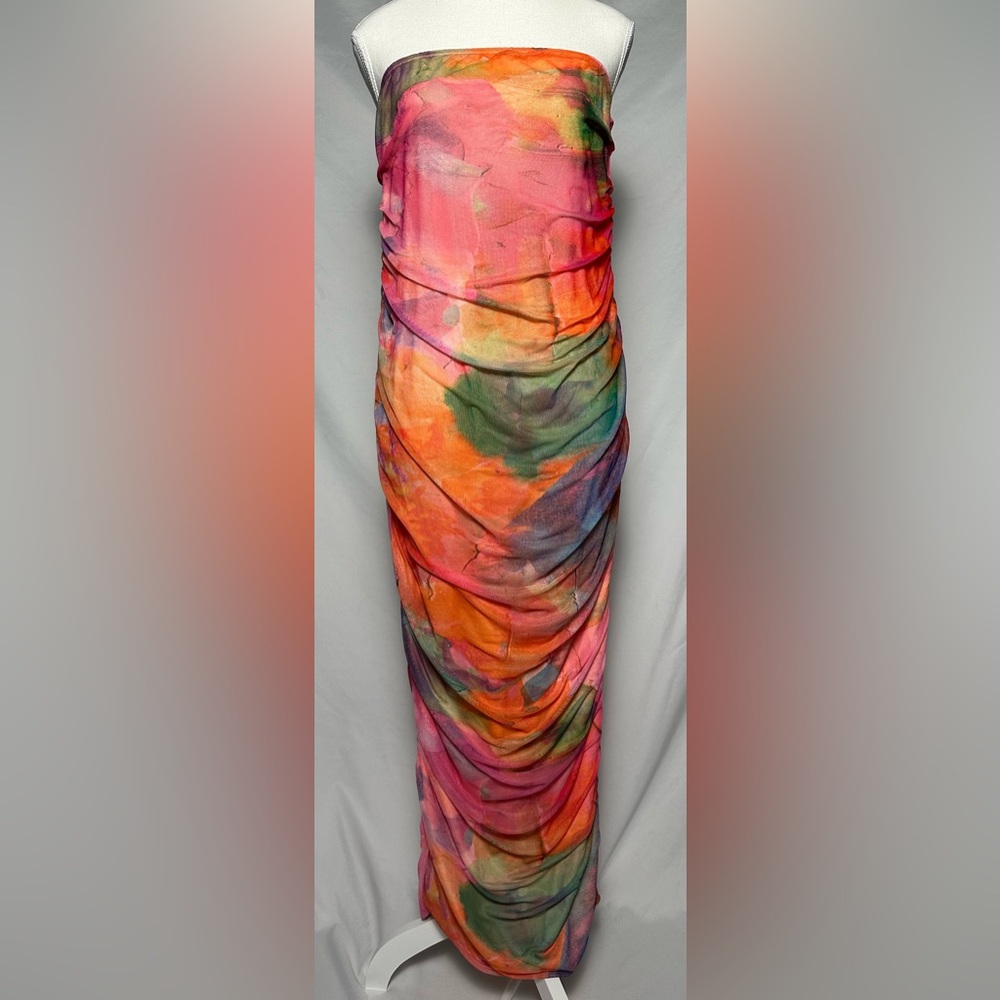 NWT PRETTYLITTLETHING‎ Colourful Mesh Bandeau Ruched Maxi Summer Dress Size 12